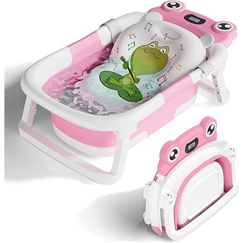 BUNWAG Baby Bathtub, Collapsible Newborn Bathtub for Infant to Toddler, 0-12 Months Baby Bath, Bright Pink