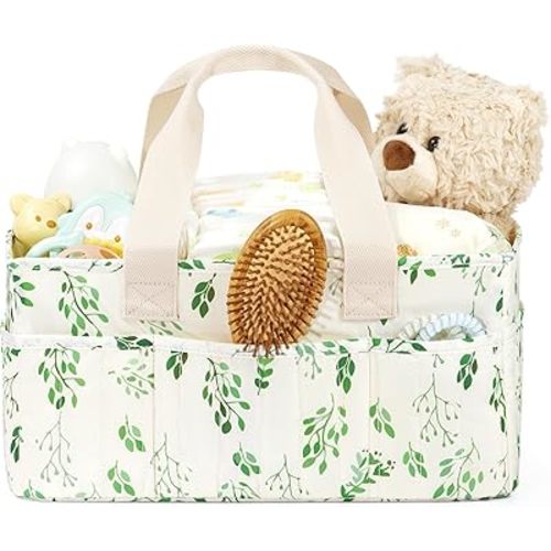 Leaf Pattern Diaper Caddy Organizer, Nursery Storage Basket with Handle, Baby Essentials Holder, Cream with Green Floral Design