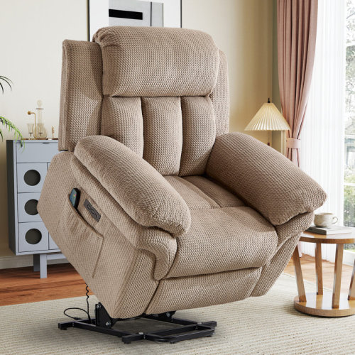 Latitude Run® Bucher 46.1" Wide Oversized Pineapple-Textured Chenille Power Recliner With Massage & Heat & Lift Assist & USB & Type-C Ports | Wayfair