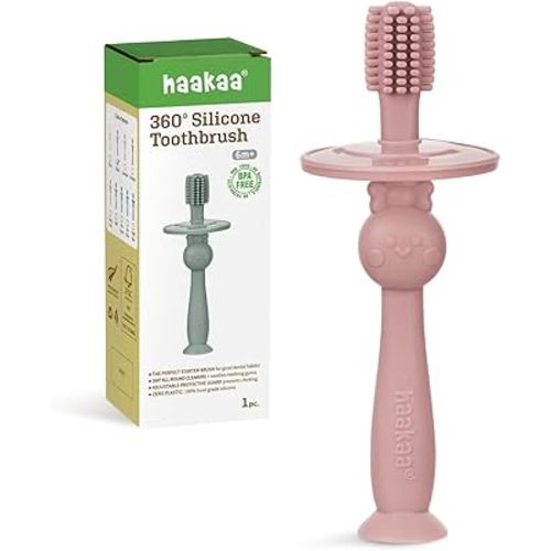 haakaa 360° Baby Toothbrush with Suction Base - Gentle Cleaning for Infant Self-Brushing Training, Food-Grade Silicone, Adjustable Safety Shield - Blush (1 Piece)