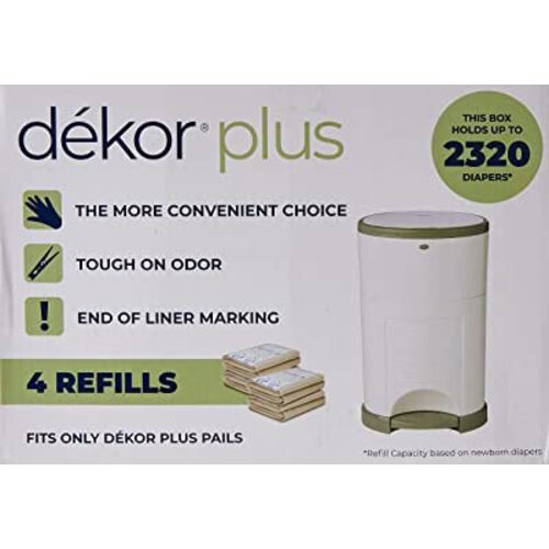 DEKOR Plus Diaper Pail Refills | 4 Count | Most Economical Refill System | Quick & Easy to Replace | No Preset Bag Size – Use Only What You Need | Exclusive End-of-Liner Marking | Baby Powder Scent