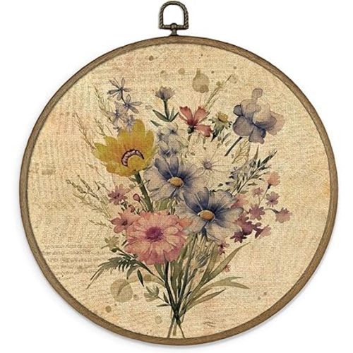 MAQIKA Boho Floral Framed Wall Art Decor, Vintage Botanical Prints, Farmhouse Wildflower Round Wall Hanging Decor, Pink and Blue Flower Canvas Prints Wall Art for Girls Dorm Room Bedroom, 10x10 Inch