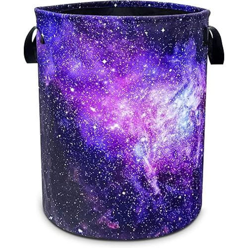 Pink Purple Galaxy Laundry Basket Universe Starry Sky Foldable Oxford Cloth Funny Tote Bag Laundry Hamper Clothes Storage Bucket Toy Organizer For Bathroom/Laundry/Bedroom 18.9x16.5 In