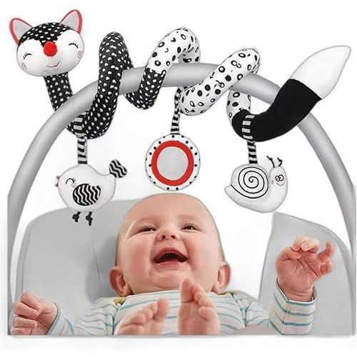 Car Seat Toys for Babies 0-6 Months, Baby Sensory Interaction Cartoon Toys with Bells_Black and White High Contrast Baby Toy Hanging or Wrapping Around The Infant Bed or Strollea03