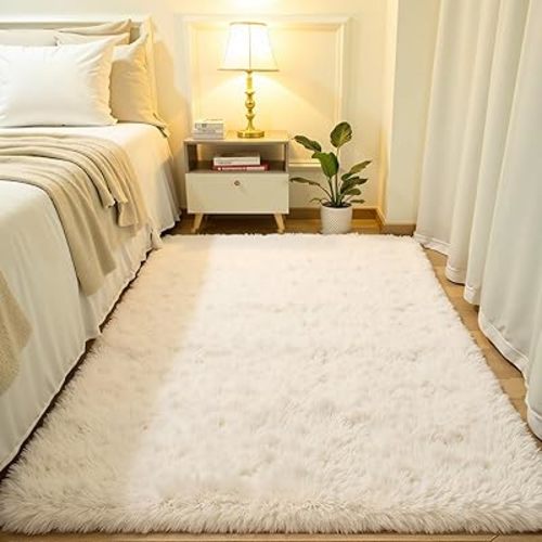 Softlife Area Rug for Bedroom, Fluffy Shag Plush Creamy Rugs for Living Room Girls, Shaggy Throw Soft Fuzzy Small Kids Carpet for Dorm Bedside Ultra Cozy Non-Slip Indoor Decor, 4x5.3 Feet