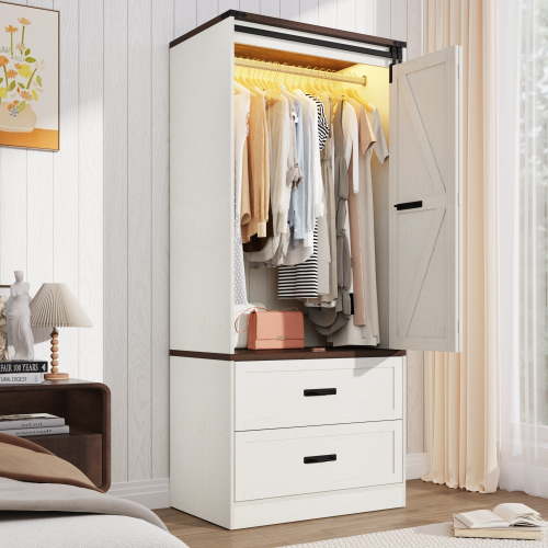 ChVans 72.8''H Armoire Wardrobe Closet with Sensor Light and 2 Drawer, Farmhouse Bedroom Armoire Cabinet with Hanging Rod, Wooden Wardrobe Cabinet with folding sliding barn door for Bedroom