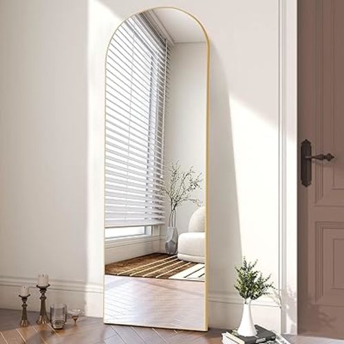 OLIXIS Arched Full Length Mirror 64"x 21" for Bedroom, Full Body Mirror with Stand, Hanging or Leaning for Wall, Aluminum Alloy Thin Frame Floor Standing for Living Room, Long, Gold