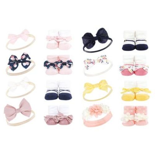 Hudson Baby Infant Girl 16Pc Headband and Socks Set, Blue Blush Floral Pink Yellow Flower, One Size