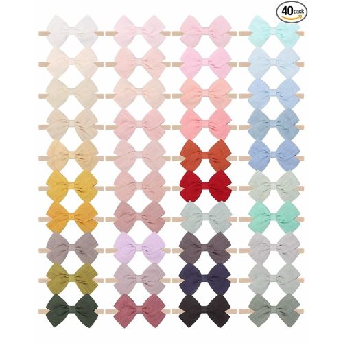 jollybows 40pcs Baby Girls Nylon Hair Bows Headbands Linen Hair Bands Elastic Hair Accessories for Kids Infants Newborn (4-40 PCS Solid Linen)