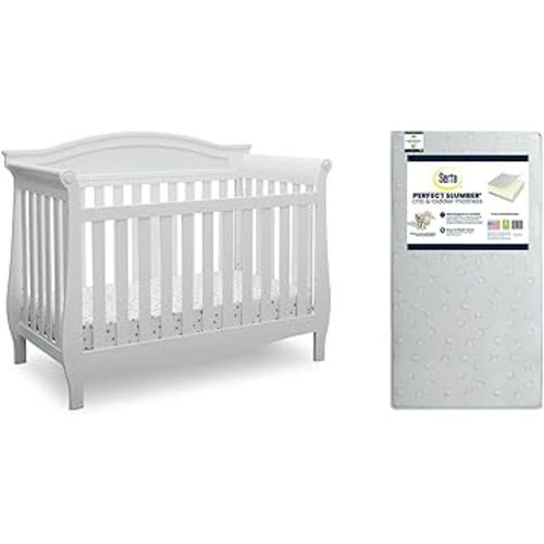 Lancaster 4-in-1 Convertible Baby Crib, Bianca White + Serta Perfect Slumber Dual Sided Recycled Fiber Core Crib and Toddler Mattress (Bundle)