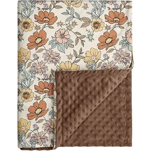 Baby Blanket for Girls, Soft Cozy Nursery Minky Blanket with Double Layer Dotted Backing for Infant Toddler in Crib Stroller, Floral Vintage Brown Blanket, 30x40 Inches