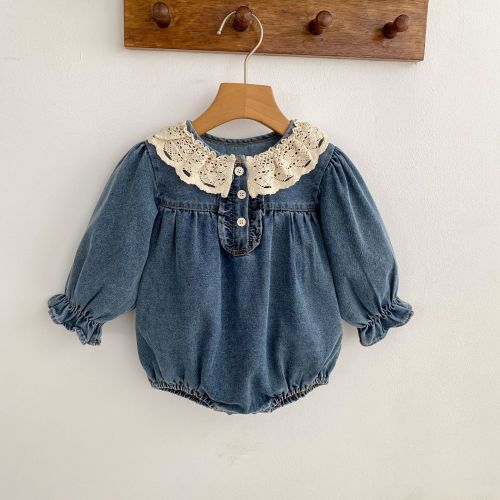 Baby Lace-trimmed Peter Pan Collar Denim Onesie