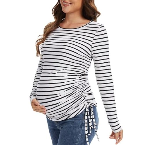 Fotociti Maternity Shirts Long Sleeve, Pregnancy Side Ruched Tops,Women’s Clothes for Mama Work Casual Yoga Wearing