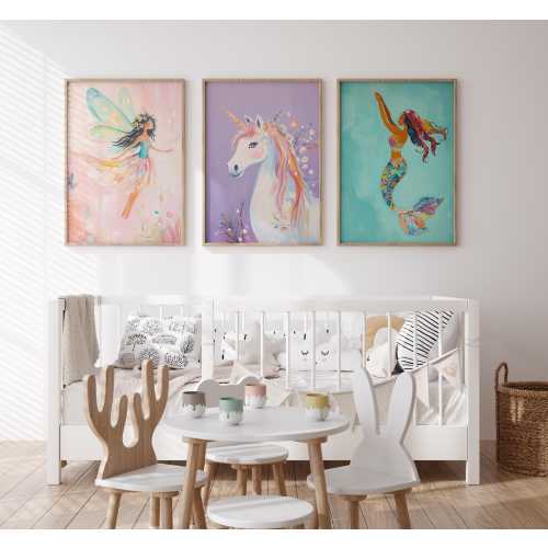 Fairy Mermaid Unicorn Decor, Nursery Wall Art Set of 3, Colorful Kids Room Prints, Girls Room Posters, Nursery Decor, Bright Playroom Art