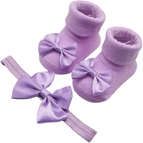 Baby Bow Headband & Bow Socks Set For 3-12M Infant Elastic Hair Bows Headdress Floor Socks Accessories Nylon Headban