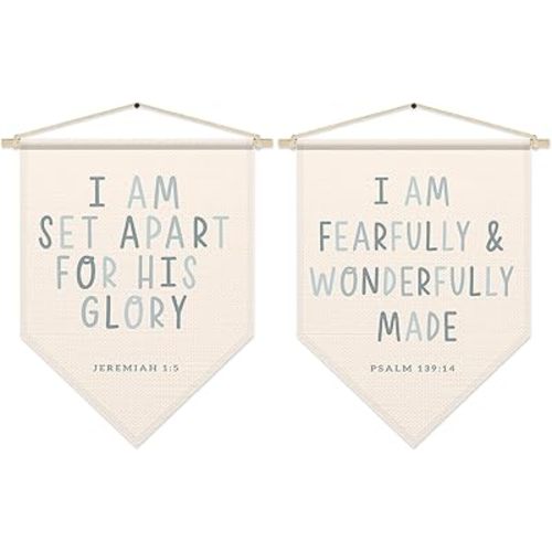 Bible Verse Wall Decor, Inspirational Scripture Poster Hanger Frame, Boy Nursery Decor, Christian Pennant Flag Banner for Bedroom Playroom Set of 2, Christian Birthday Gifts for Tolddler Baby Kids