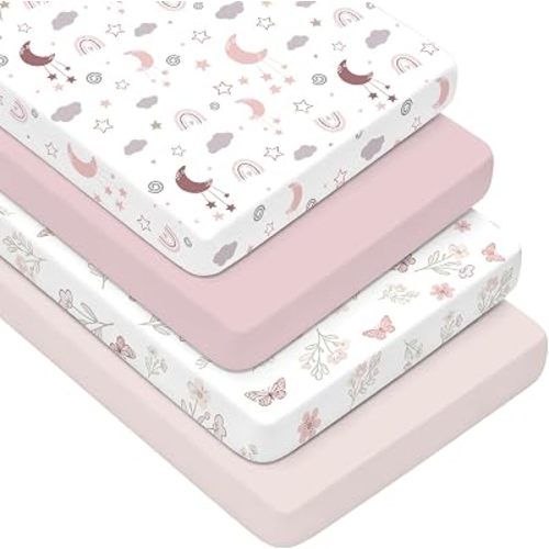 4 Pack Baby Crib Sheets for Girls - Ultra Soft & Skin-Friendly Fitted Crib Sheet for Standard Crib and Toddler Mattress, 52"x28"(Blush Pink)