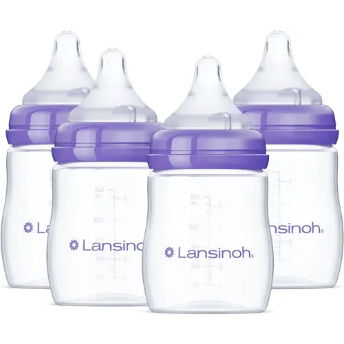 Lansinoh Anti-Colic Baby Bottles for Breastfeeding Babies, 5 Ounces, 4 Count, Includes 4 Slow Flow Nipples, Size S