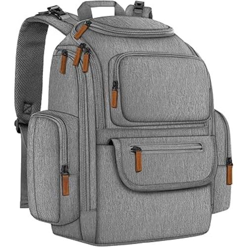 Mancro Diaper Bag Backpack, Multifunctional Baby Diaper Bag Backpack For Men Women with Stroller Straps, Travel Water Resistant Baby Diaper Backpack with 2 Side Insulated Pockets, White Grey