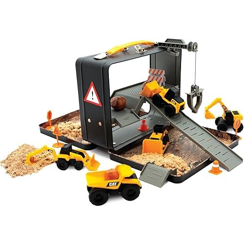 CAT Construction Toys, Store N Go Playset - Tin Travel Case Transforms into Multi-Level Worksite, Includes 2 Little Machines Vehicles & 10 + Accessories, Portable STEM Toy for Kids Ages 3 +