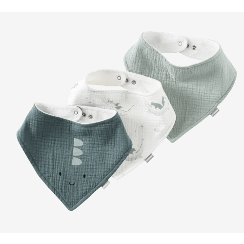 3 Bandana-Style Bibs in Cotton Gauze - sage green, Nursery