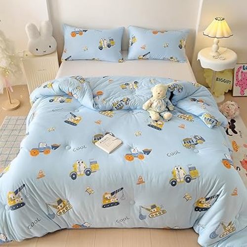 MorroMorn Super Soft Comforters Queen Size Bed Set, 3 PCS Baby Blue Bedding Sets - Thick Fluffy Comforter with 2 Pillowcases for Boys Kids, Lightweight Warm Cozy (Construction Trucks)
