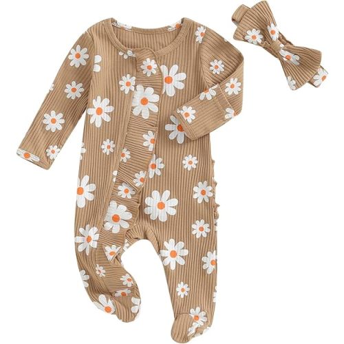 YINGISFITM Baby 3 6 Months Girl Clothes Newborn Onesie Ruffle Long Sleeve Ribbed Romper Jumpsuit One Piece Hospital Outfit