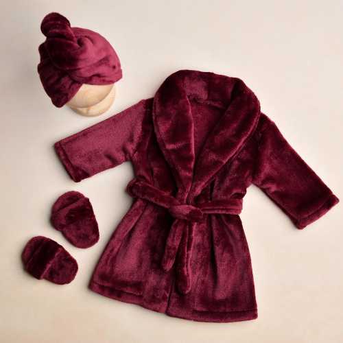 Baby Bathrobe Outfit, Newborn SPA Costume, Burgundy Slippers, Soft Towel-Turban, Boy and Girl Photo Props, Infant Sauna Set, SPA Themed Gift