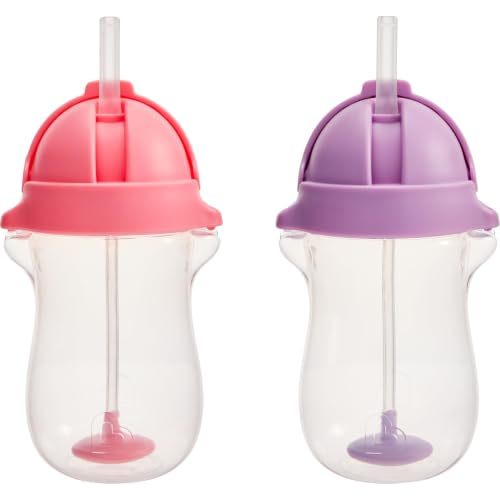 Munchkin Any Angle Weighted Toddler Straw Cups with Click Lock Lid, 10 Ounce, 2 Pack, Pink/Purple