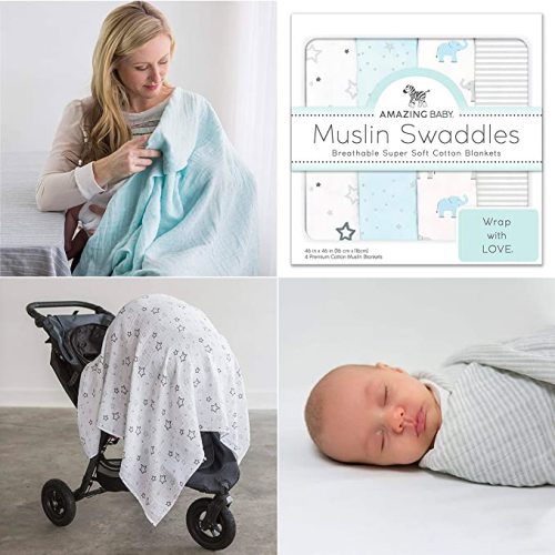 Amazing Baby Muslin Swaddle Blankets, Set of 4, Premium Cotton, XLarge 46x46 inches, Starry Night and Tiny Elephants, Pastel Blue