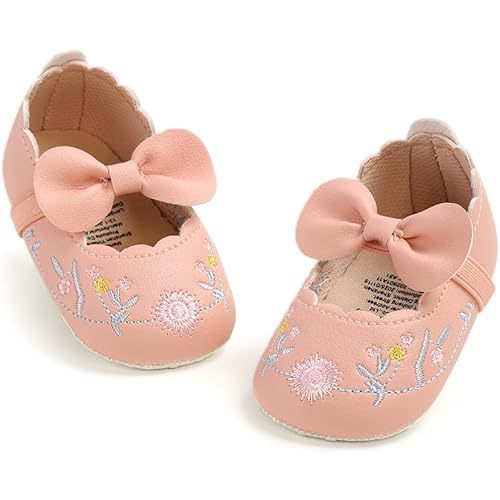Baby Girls Mary Jane Flats with Bowknot Floral Princess Wedding Dress Shoes Soft Newborn Infant Crib First Walkers Prewalker
