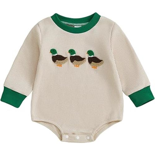 Infant Long Sleeve Bubble Romper Baby Boy Fall Winter Outfits Newborn Waffle Knit Embroidery Bodysuit Clothes