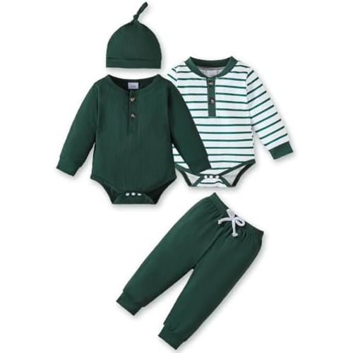 NZRVAWS Newborn Baby Boy Clothes Long Sleeve Romper Pant Set Hat 2-Pack Infant Baby Boy Outfits Fall Winter Clothing Set