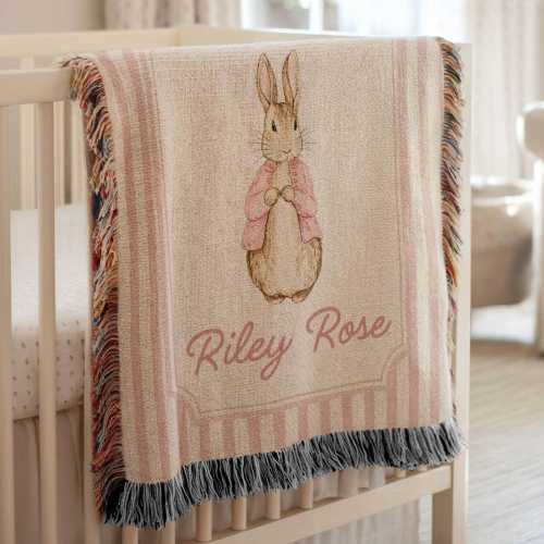 Personalized Peter Rabbit Baby Girl Woven Blanket, Pink Storybook Bunny Nursery Blanket, Custom Name Heirloom Keepsake Gift