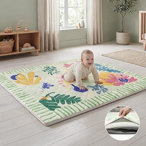1.5" Thicker Baby Play Mat for Floor, 50x50 Removable & Machine Washable Cover Playpen Mat Softness Foam Mats, Easy-Clean Hygienic, Comfort Safety Kids Crawling (Dazzling World)