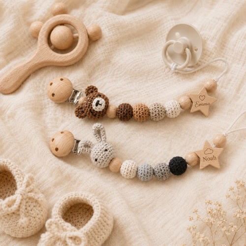 Custom Name Crochet Pacifier Clip, Personalized Baby Dummy Chain, Cute Animal Pacifier Holder, Newborn Baby Gift, Baby Shower Keepsake