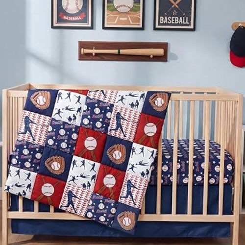 Peryiter 3 Pcs Baseball Crib Sheet Set Baby Crib Bedding Set Includes 52"x28" Fitted Sheet, Quilt, Bed Skirt for Newborn Boy Girl Cute Nursery Newborn Sheets Decor