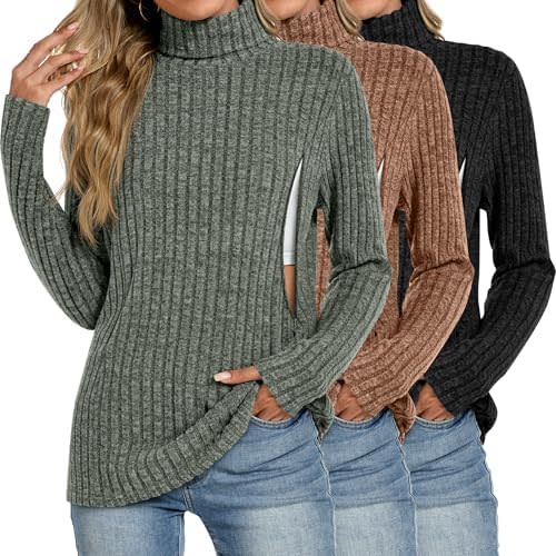 3 Pack Women Turtleneck Nursing Tops, Breastfeeding Maternity Shirts Long Sleeve Ribbed Sweaters with Hidden Zips