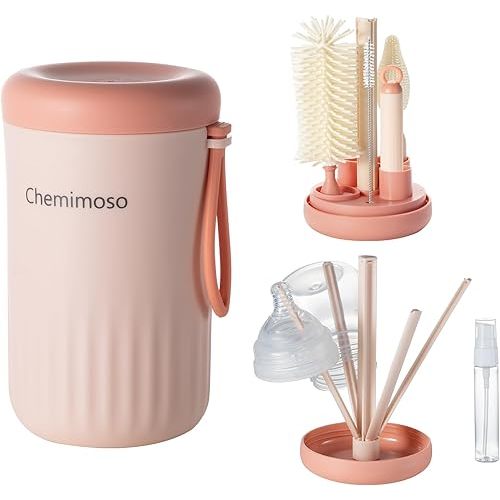 Chemimoso Travel Silicone Baby Bottle Cleaner Brush Set, Foldable Baby Bottle Drying Rack, Essential Cleaning Set for Outdoor Travel, Pink