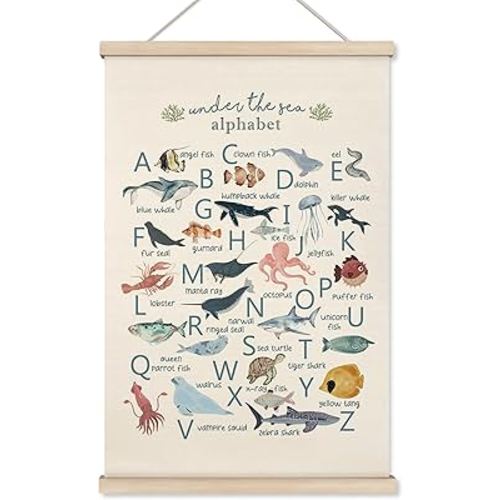 HRQKO Ocean Alphabet Poster Hanger Frame, ABC Poster Wall Art with Wooden Frames, Alphabet Banner Wall Hanging Decor for Classroom Boys Playroom, 16x24 Inch