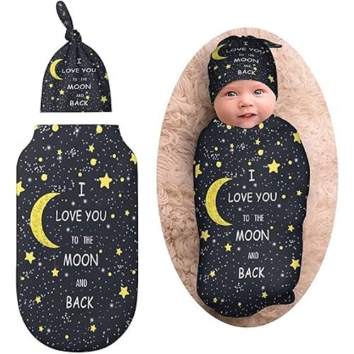 I Love You to The Moon and Back Newborn Baby Swaddle Blanket with Beanie Hat Baby Receiving Blanket Gifts for Boys Girls