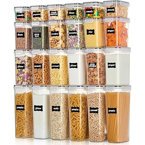 Airtight Food Storage Containers with Lids, Vtopmart 24 pcs Plastic Kitchen and Pantry Organization Canisters for Cereal, Dry Food, Flour and Sugar, BPA Free, Includes 24 Labels,Black