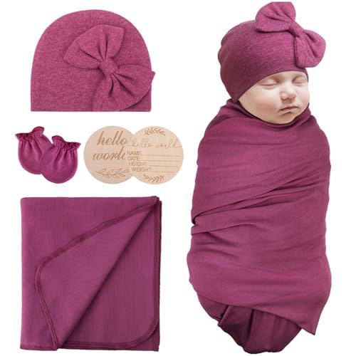 AQOKKA Newborn Receiving Blanket with Bow Hat Mittens Wooden Card Set Newborns Toddler Baby Boy Girl Nursery Swaddle Wrap