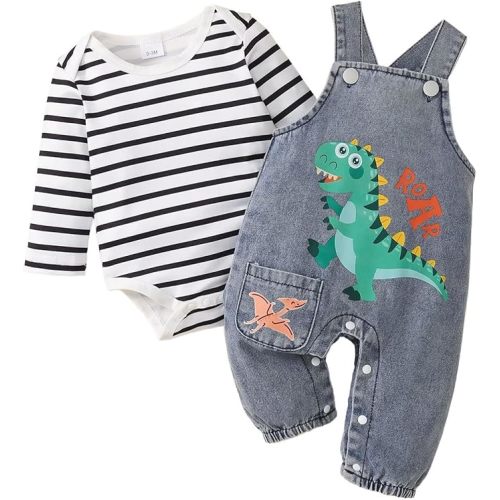 Baby Boy Clothes Fall Winter Outfits Infant Long Sleeve Striped Romper Cartoon Jeans Suspender Overalls 0-18 Months