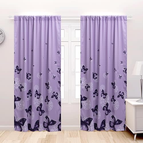 ARTALL Butterfly Blackout Curtain Purple Room Darkening Window Curtain Drapes for Living Room Bedroom, 52" W x 84" L, 2 Panels