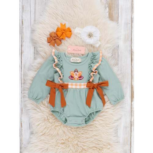 Football Feathers Embroidered Ruffle Bow Romper