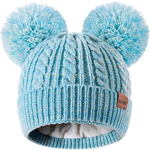 HAITHO Winter Hat for Kids Toddler Children, Girls Beanie with Double Pom Pom Warm Fleece Lined, Girls Accessories Knit Cap