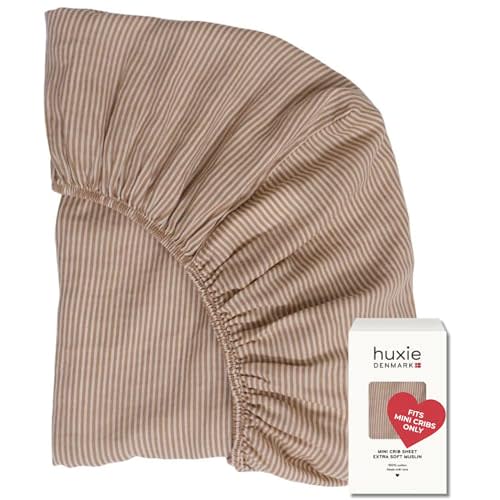Huxie 24 x 38 Mini Crib Sheets - Organic Cotton Muslin Fitted Crib Sheet Fitted for Pack and Play - Ultra-Soft and Breathable Crib Sheets for Boys and Girls (Natural Stripe)