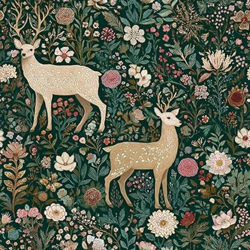 Whimsical Woodland Folk Art Peel and Stick Wallpaper – Slender Deer & Lush Floral Removable Mural for Bedroom & Living Room, 17.7×118 Inch