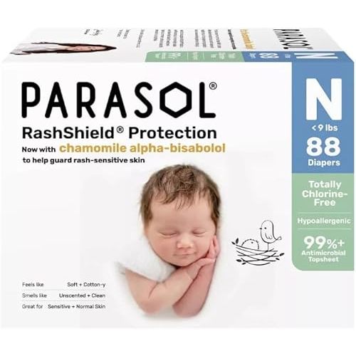 Parasol Chlorine‑Free Newborn Baby Diapers with Rash Protection, Hypoallergenic, Wetness Indicator, Tear‑Away Sides – Size NB, 88 Count